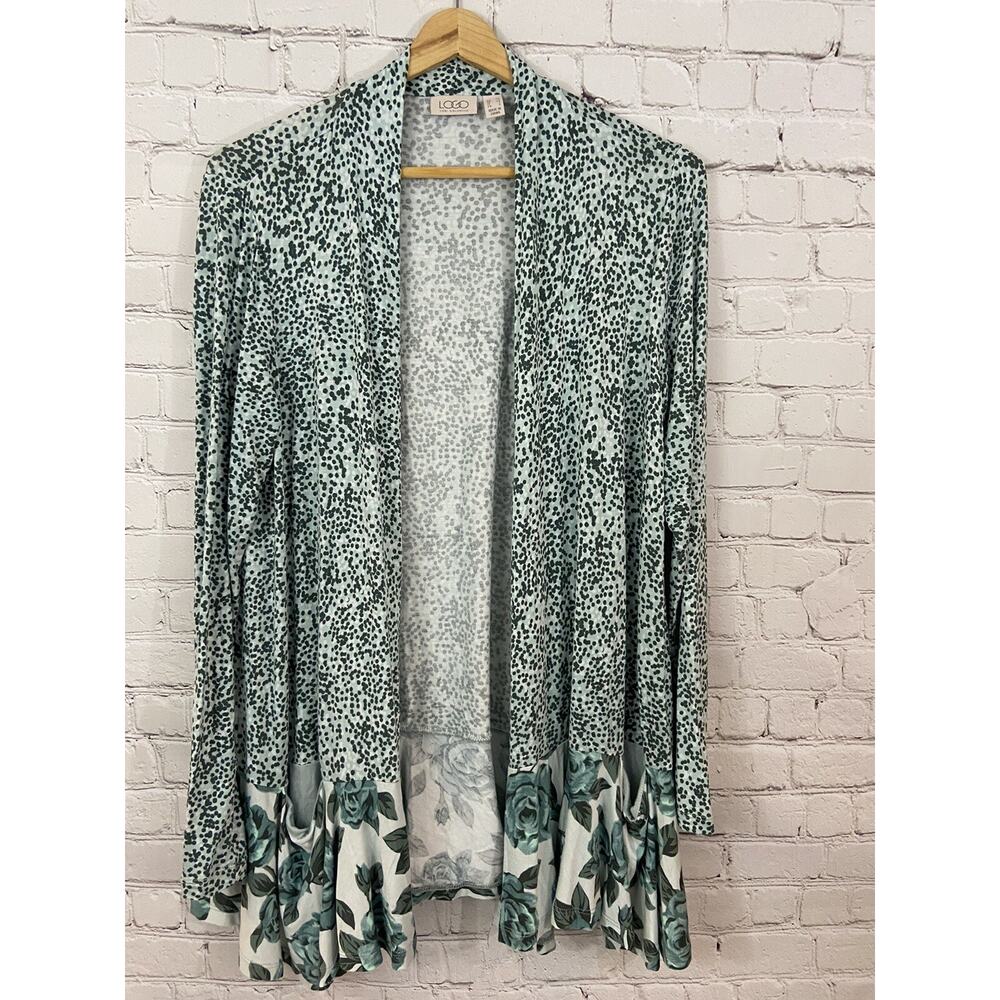 LOGO By Lori Goldstien Green Long Sleeve Cardigan Size XS Mixed Print Pockets